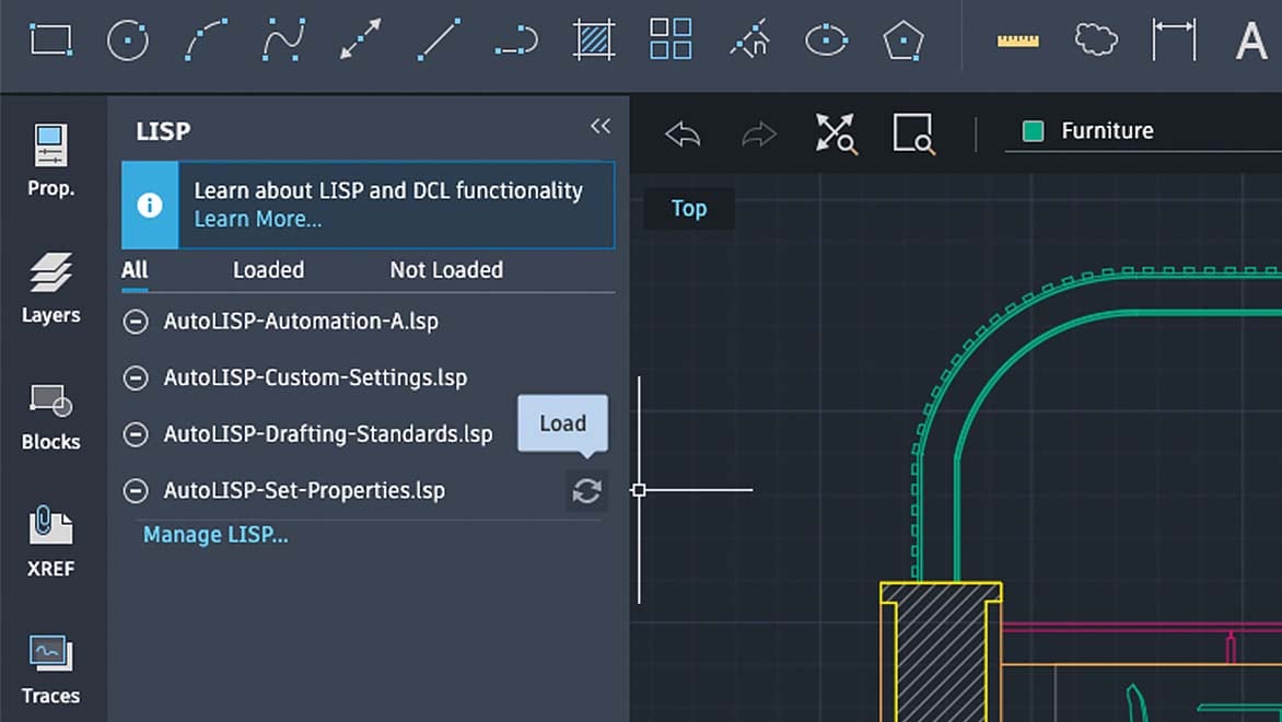 Paleta do AutoLISP aberta no AutoCAD na web